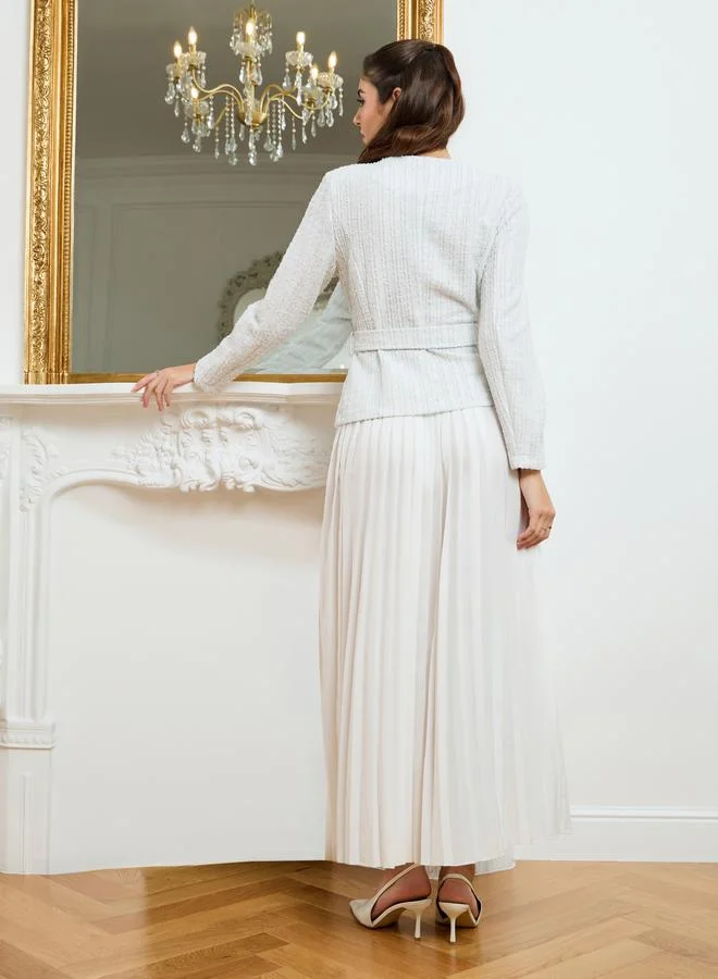 Styli  Women Off-White Tweed Top and Pleated Skirt Co-Ords for Women | Best Price UAE